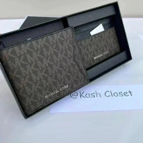 Michael Kors Mens Wallet Card case Box Set MK Signature Brown - Picture 1 of 9